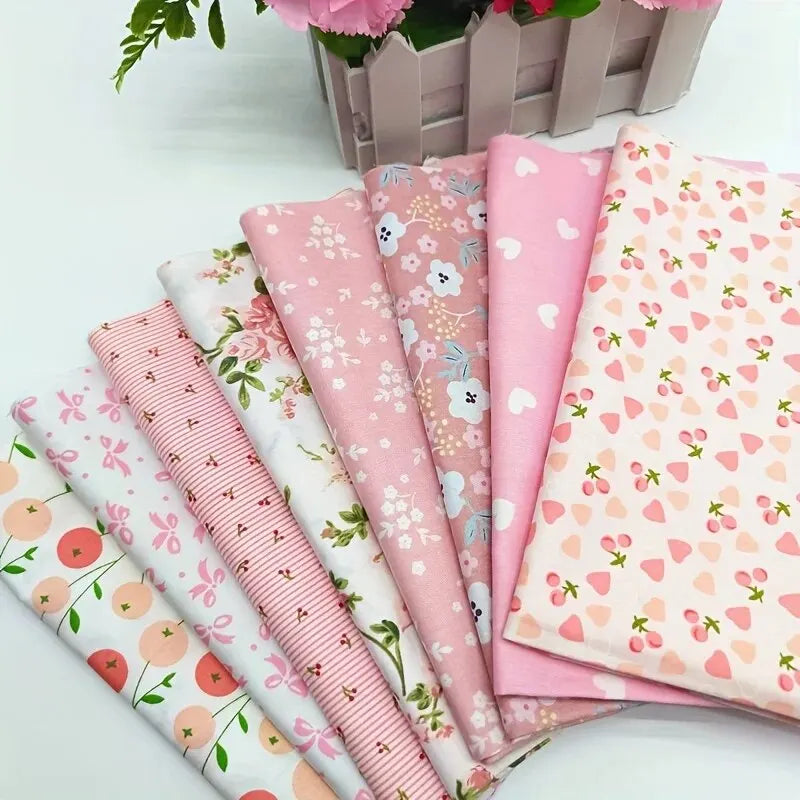 (25cm*20cm)8pcs Pink Floral Cotton Fabric Bundle